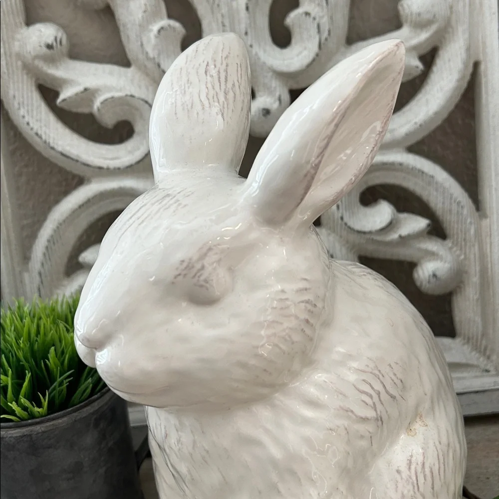 Farmhouse Shabby Chic Cottage Easter Creamy White Ceramic Bunny Figurine decor